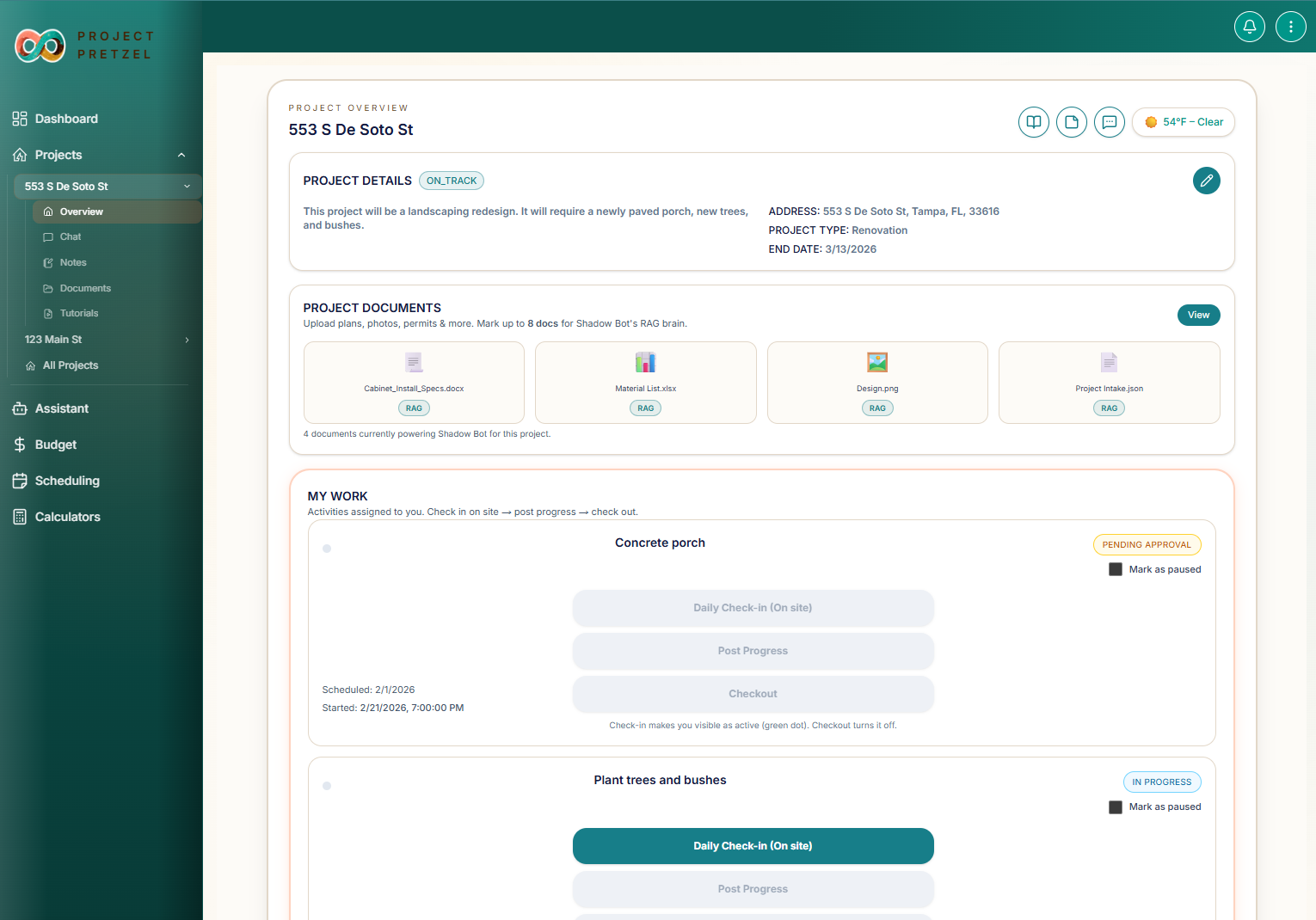 Pretzel App project dashboard showing tasks, budget tracker, and milestone timeline