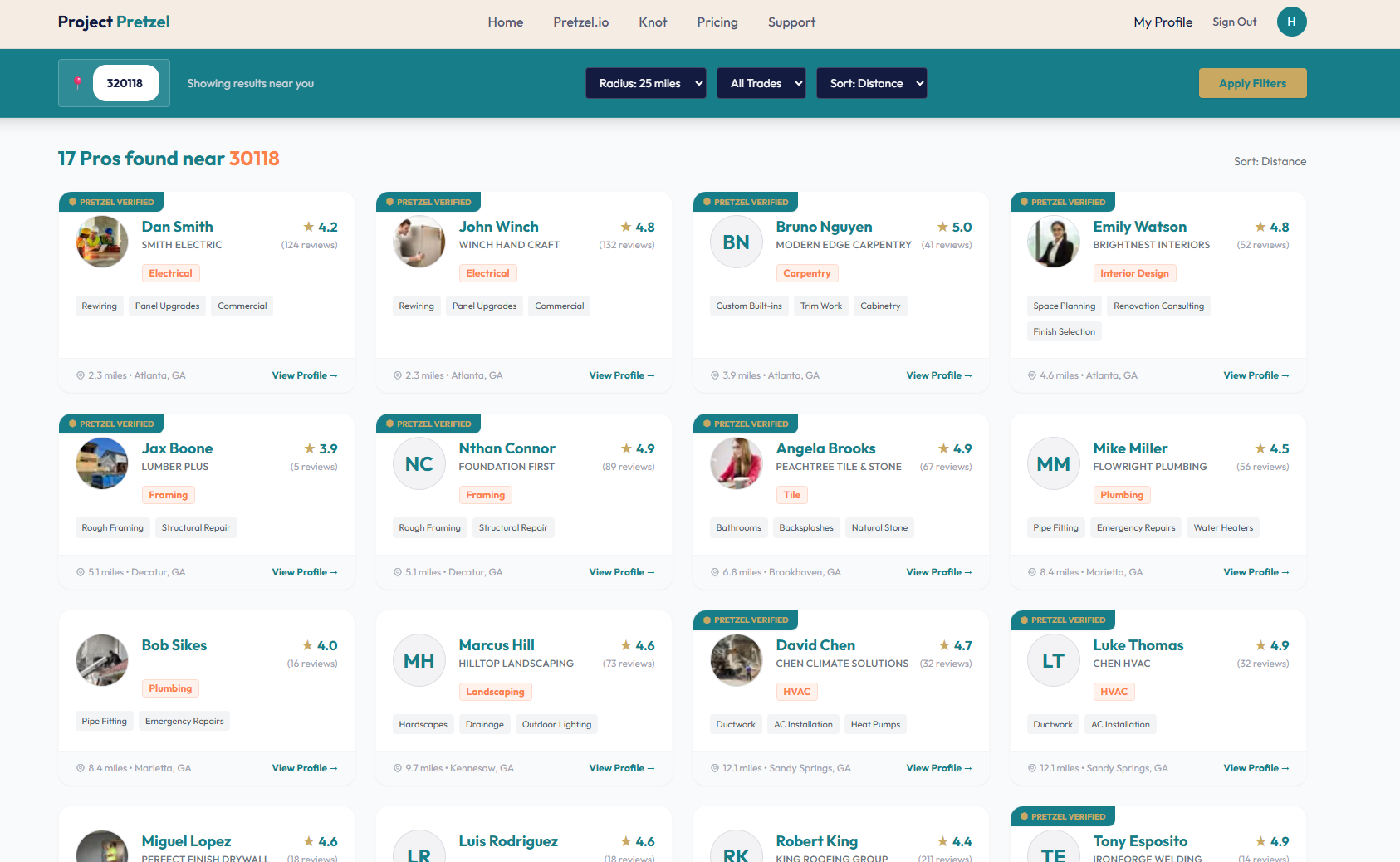 Knot contractor directory showing verified local professionals with portfolio images, ratings, and service areas